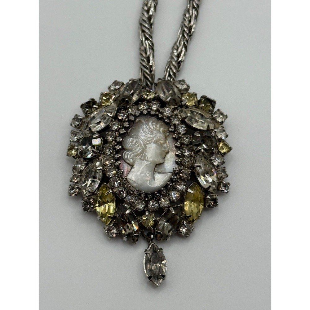 Vintage Hobe 1957 Rhinestone Cameo Necklace Silver Tone